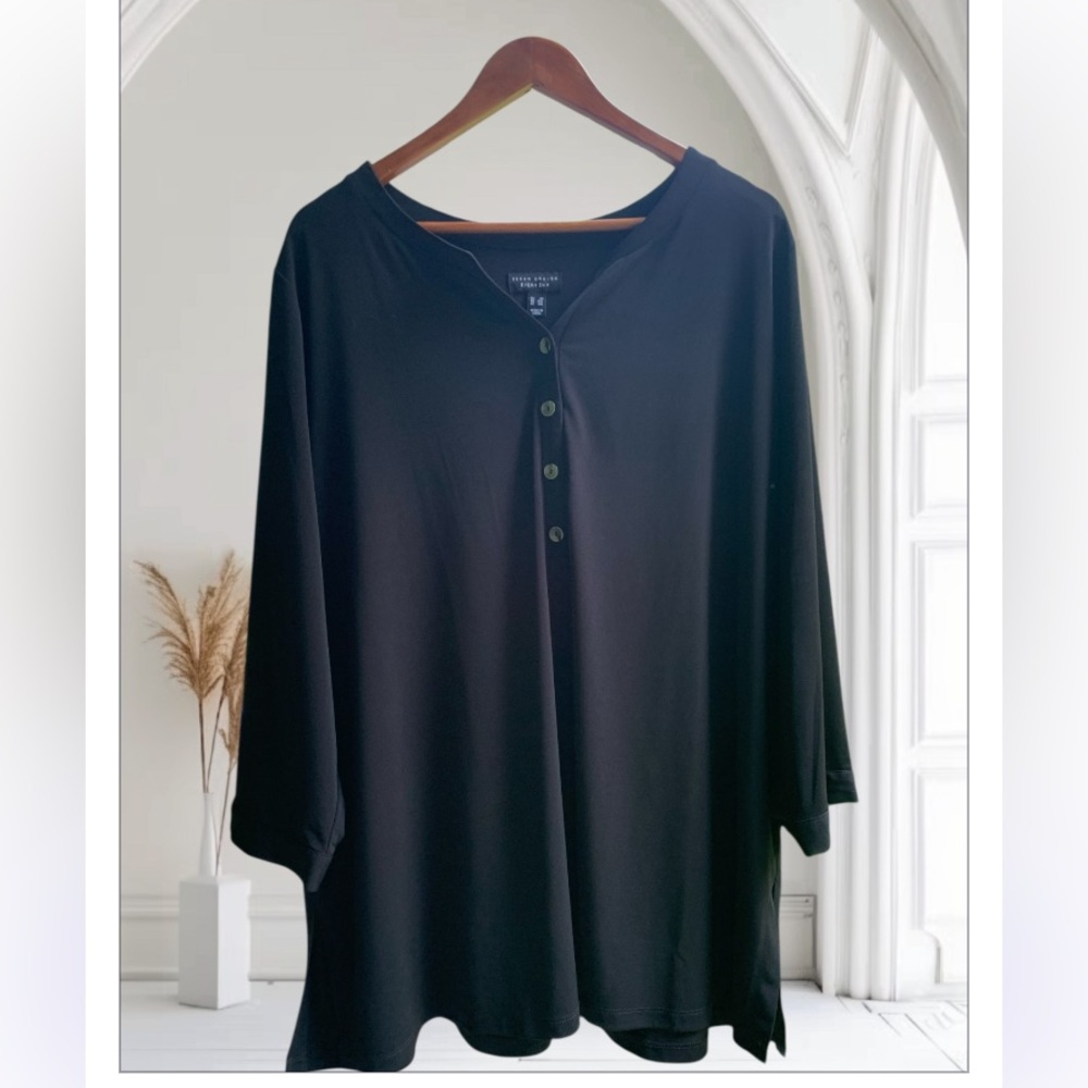 Susan Graver Liquid Knit 3X Black Tunic Top – Button Front, 3/4 Sleeve